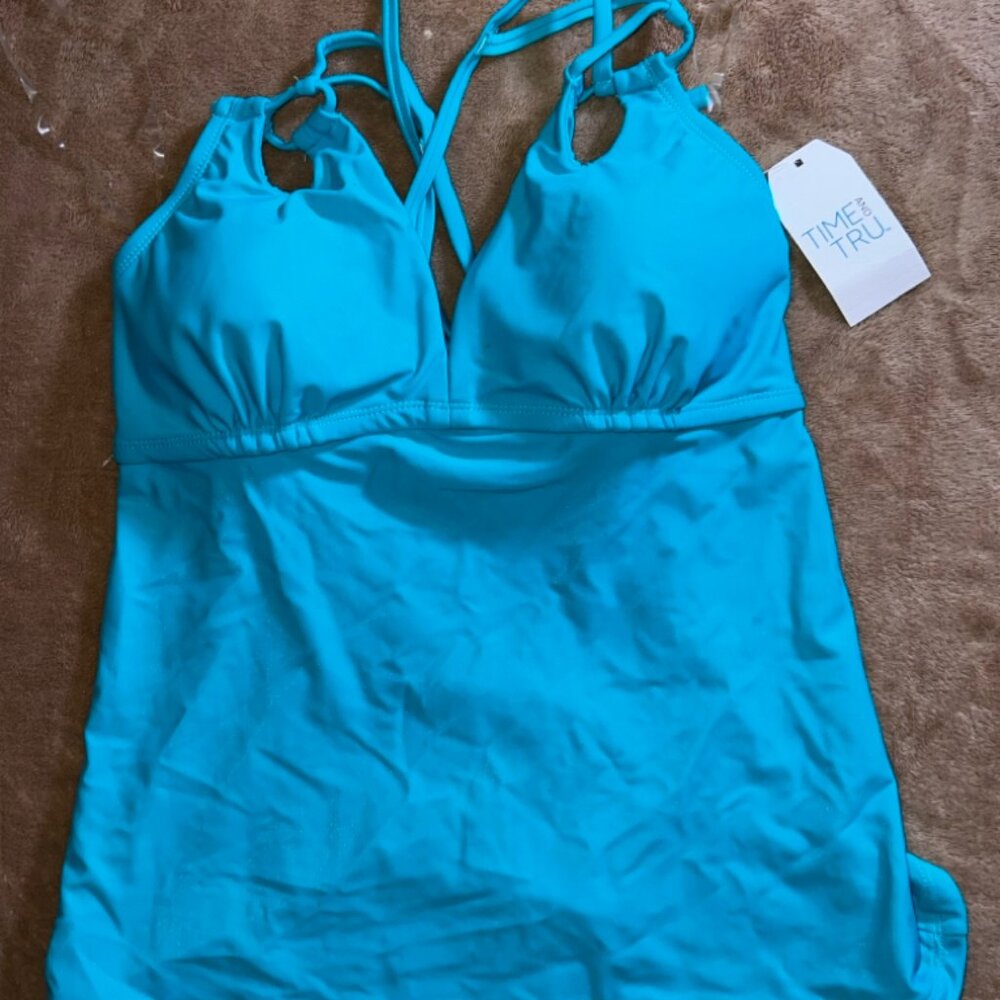 NWT Time and Tru Missy SM (4-6) Mystical Aqua Teal Tankini Swim Beach Pool Top